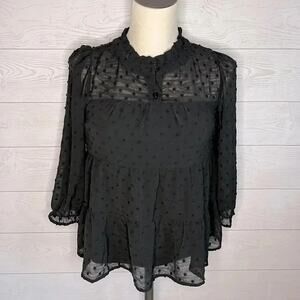 Monteau Los Angeles black sheer layered Swiss Dot top Size Small